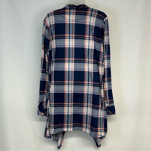New York Laundry Womens Duster Cardigan Size 2X Open Roll Tab Sleeves Plaid Blue - Picture 3 of 7